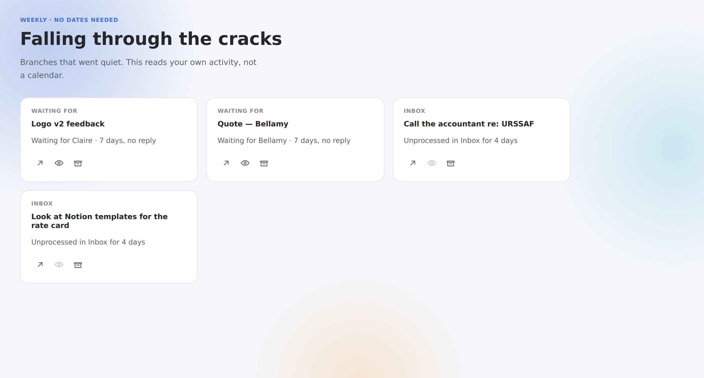 Falling through the cracks: cards for a quiet client, something waited on, and unfiled captures